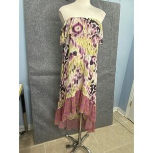 Lilka Strapless Boho Dress Medium Abstract Print Ruffle Hem Pockets AS IS